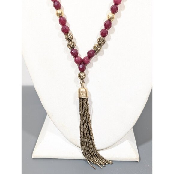 Lucky Brand Pink Stone And Faceted Bead Chain Tassel Long Necklace Boho 34 in - Picture 1 of 11